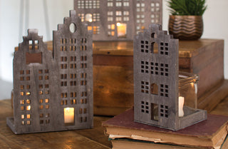 Wooden Building Candle Stands  Set of 3