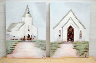 Hand Painted Steeple and Church Canvas  Set of 2