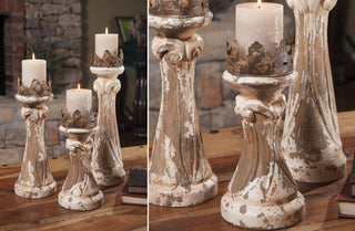 LARGE Hand Carved Wooden Candle Holders  Set of 3
