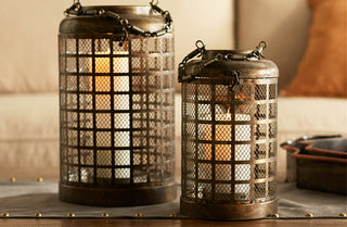 Industrial Mesh Screen Caged Lantern  Set of 2