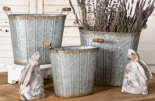 Textured Galvanized Oval Pails With Handles  Set of 3