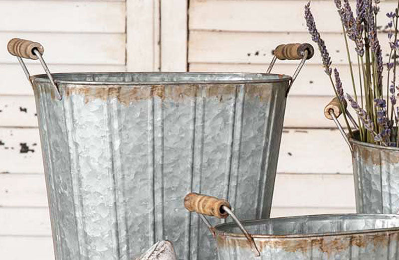 Rustic Garbage Pail Textured Galvanized Oval Pails With Handles Set of 3 | Rustic Farmhouse ...