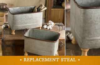 Galvanized Metal Tubs with Wooden Feet, Set of 2