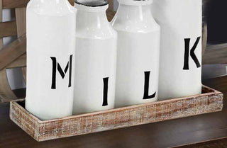 Distressed Enamel Milk Bottles With Wood Tray