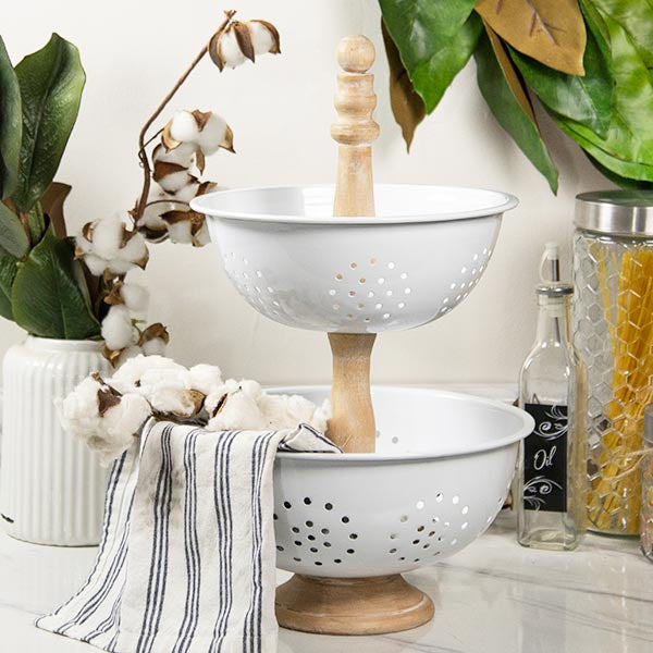 Two-Tiered Decorative Colander Stand | Chippy Farmhouse - Decor Steals