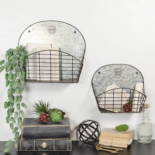 Industrial Galvanized Wall Baskets  Set of 2