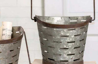 Distressed Metal Olive Buckets  Set of 2