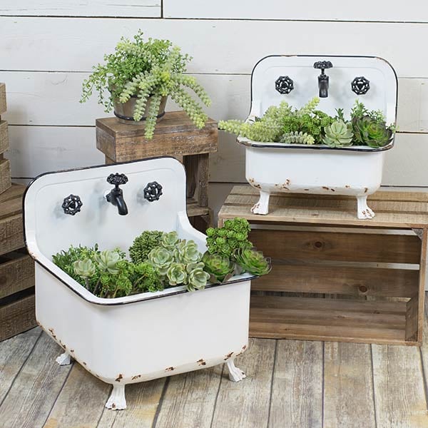 enamel planter pots *HUGE* Enamel Sink Planters Set of 2 | Chippy Farmhouse