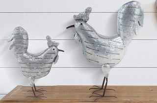 Galvanized Metal Pecking Roosters  Set Of 2