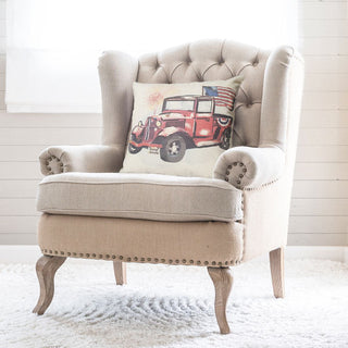 Double Sided Feedsack Red Truck USA Pillow Cover