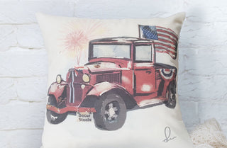 Double Sided Feedsack Red Truck USA Pillow Cover