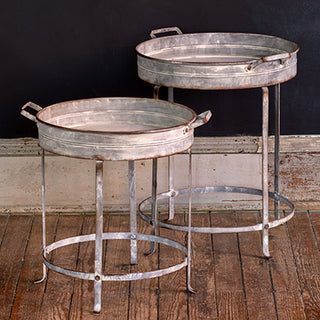 LARGE Galvanized Round Tray Tables  Set of 2