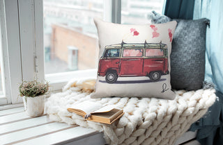 Double Sided Feedsack "Love Bus" Pillow Cover