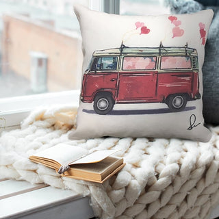 Double Sided Feedsack "Love Bus" Pillow Cover