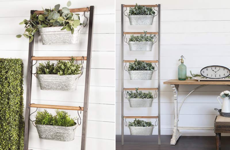 ladder with plants hanging HUGE* Farmhouse Ladder With Galvanized Planters