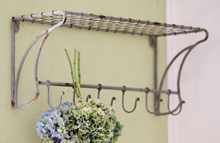 Distressed Wire Shelf with Coat Hooks