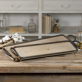 Rustic Metal Framed Wood Trays, Set of Two