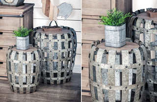 Woven Metal Drum Accent Table  Set of 2